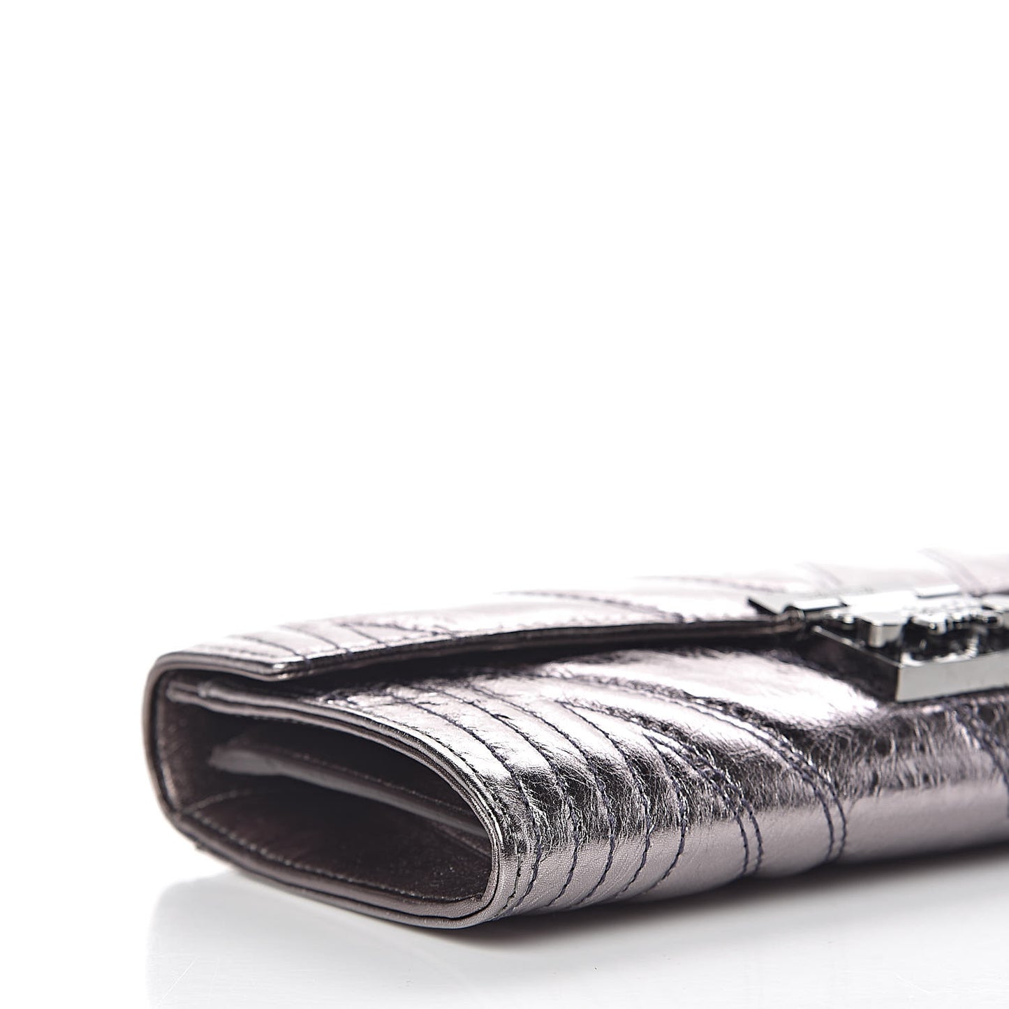 Metallic Calfskin Quilted Wallet On Chain Silver