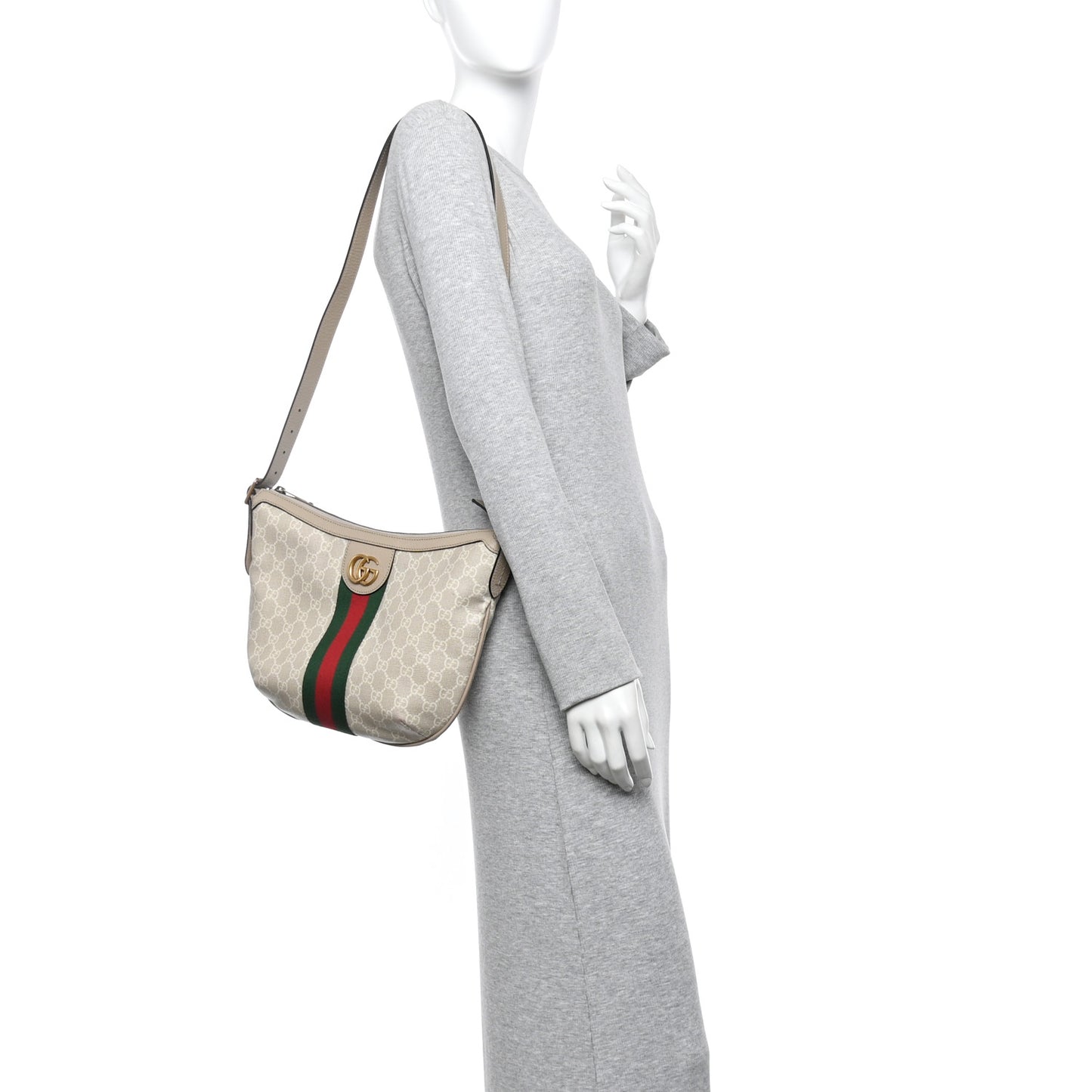 GG Supreme Monogram Textured Dollar Calfskin Web Small Ophidia Half Moon Hobo Beige Mystic White Oatmeal