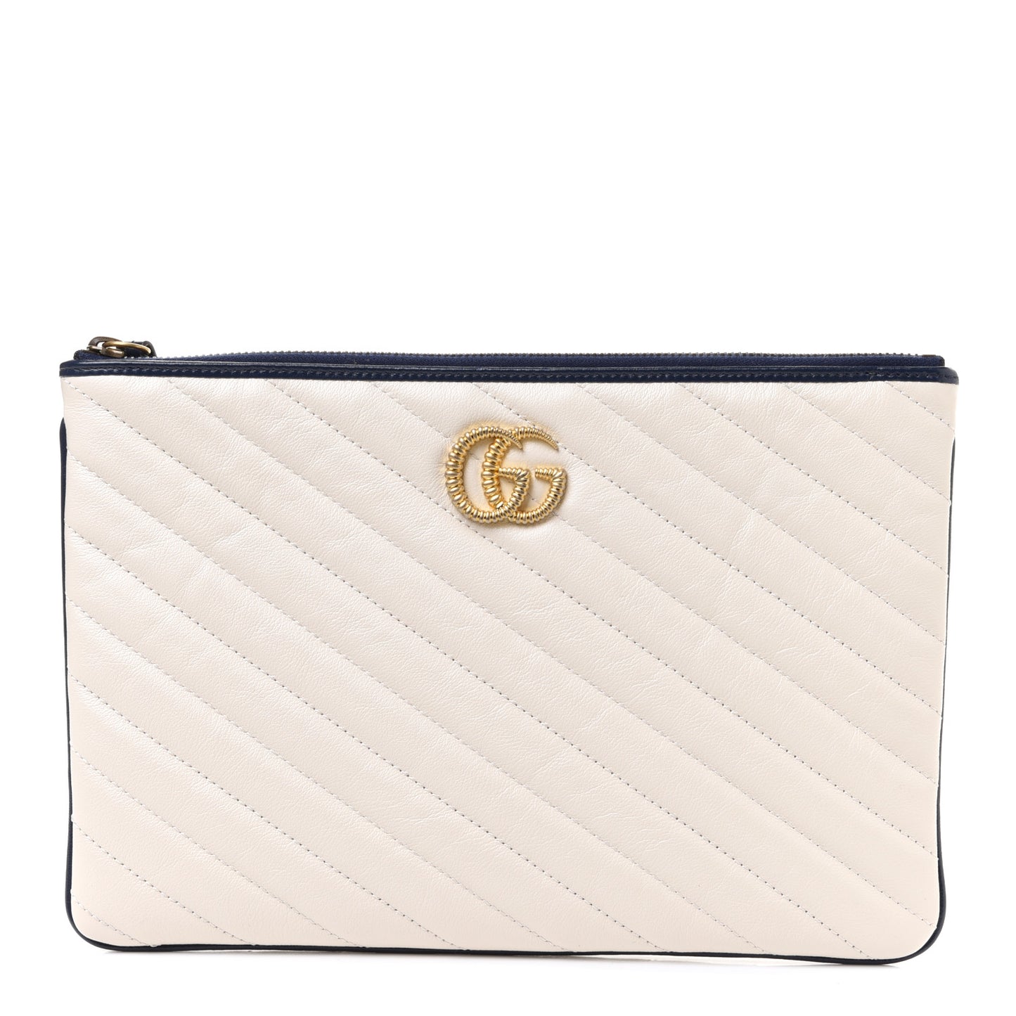 Vintage Effect Calfskin Matelasse Diagonal Torchon GG Marmont Zip Pouch Mystic White Blue Agata