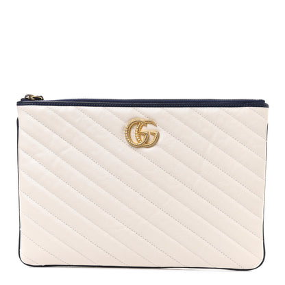 Gucci Vintage Effect Calfskin Matelasse Diagonal Torchon GG Marmont Zip Pouch Mystic White Blue Agata 1 of 8