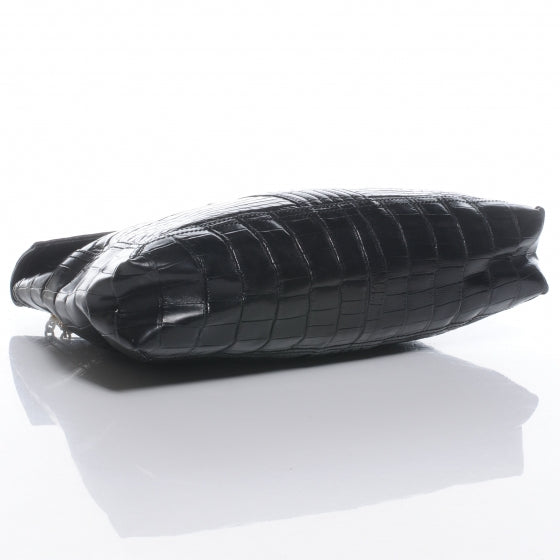 Calfskin Crocodile Embossed Maxi Baguette Black