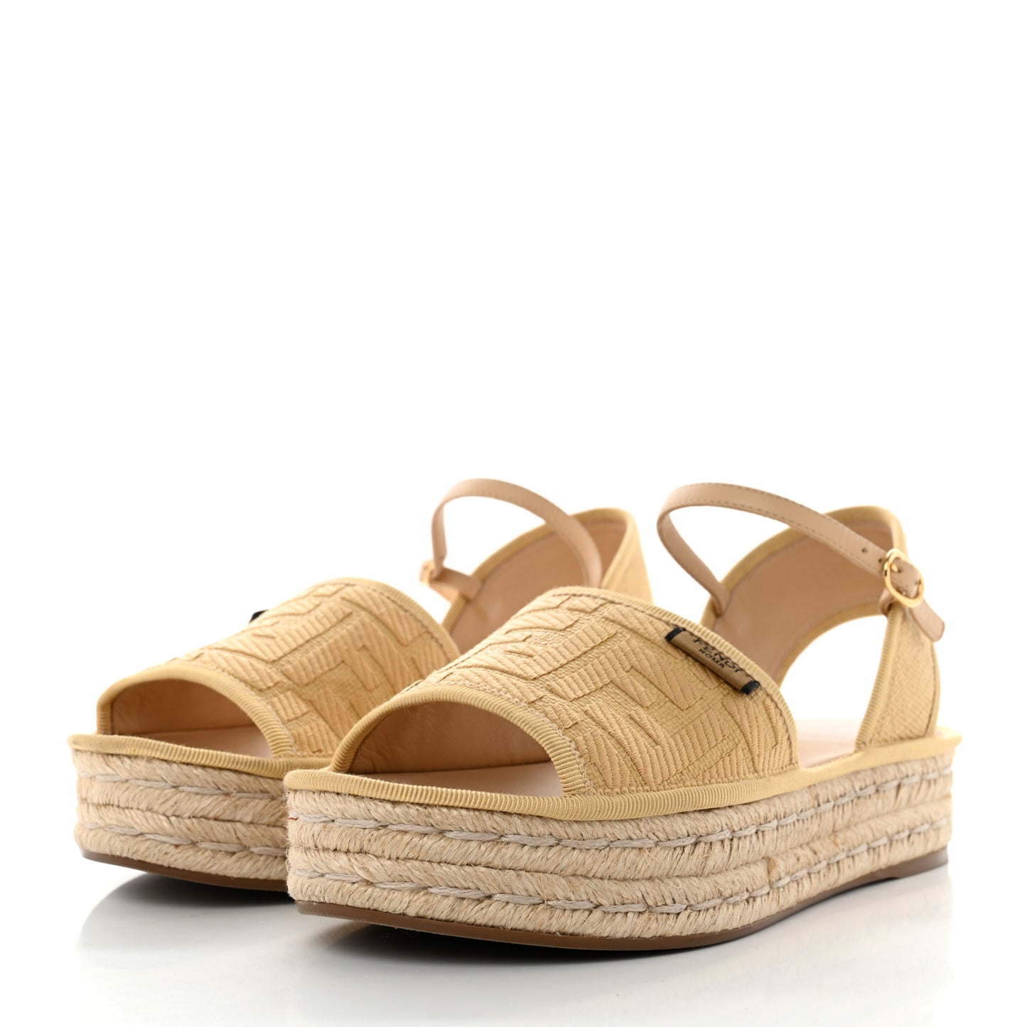 Raffia FF Embroidered Espadrille Platform Sandals 37 Natural