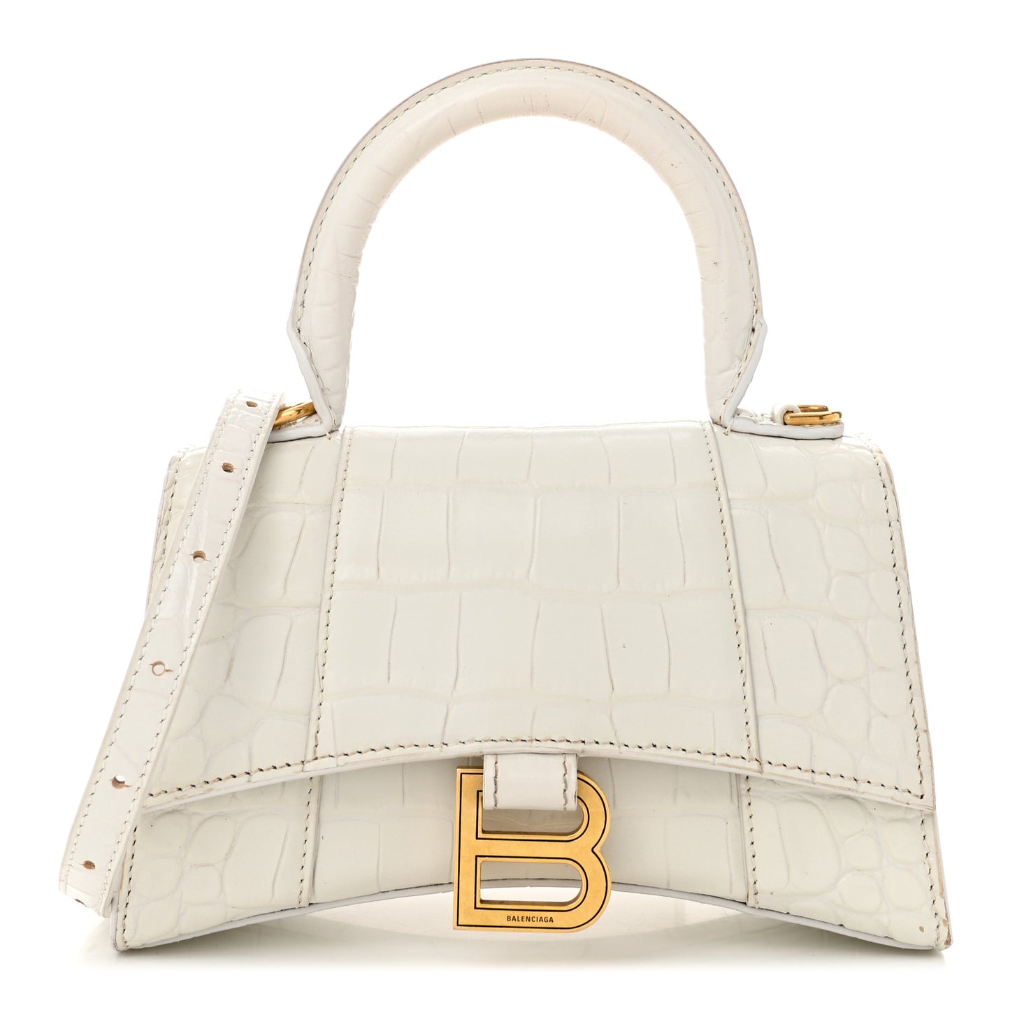 Shiny Calfskin Crocodile Embossed Hourglass Top Handle Bag XS White