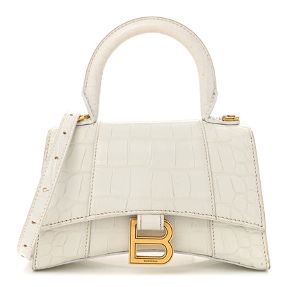 Balenciaga Shiny Calfskin Crocodile Embossed Hourglass Top Handle Bag XS White 1 of 12