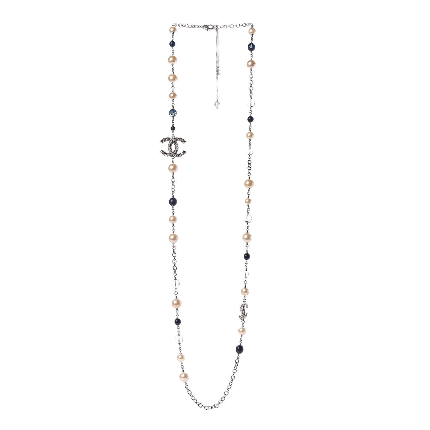 Chanel Pearl Beaded CC Long Necklace Navy Silver 3 of 8