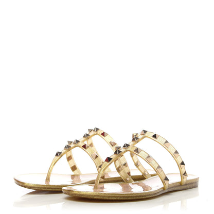 Valentino Garavani PVC Jelly Glitter Rockstud Caged Flat Thong Sandals 35 Oro 3 of 8