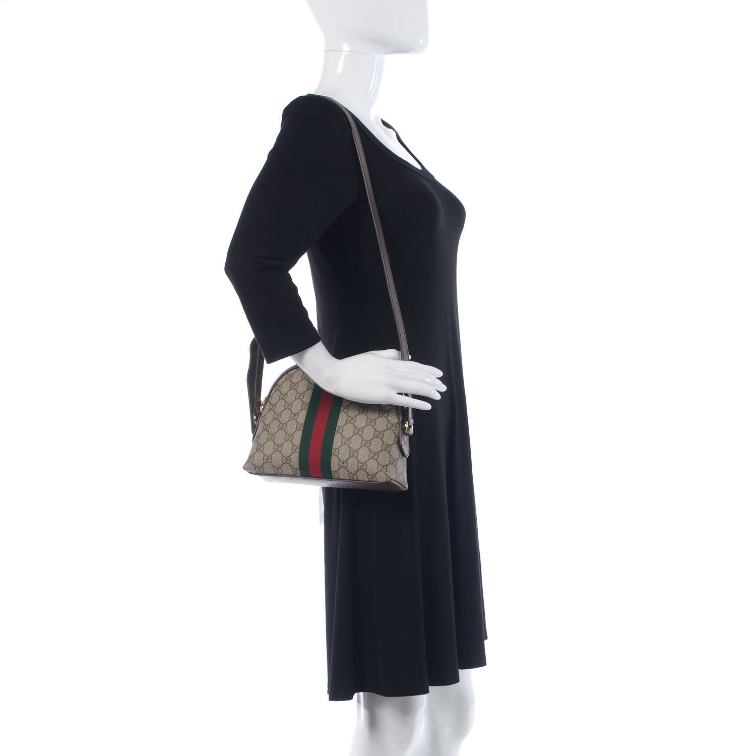 Gucci GG Supreme Monogram Textured Dollar Calfskin Web Small Ophidia Dome Shoulder Bag Beige Ebony New Acero 2 of 9