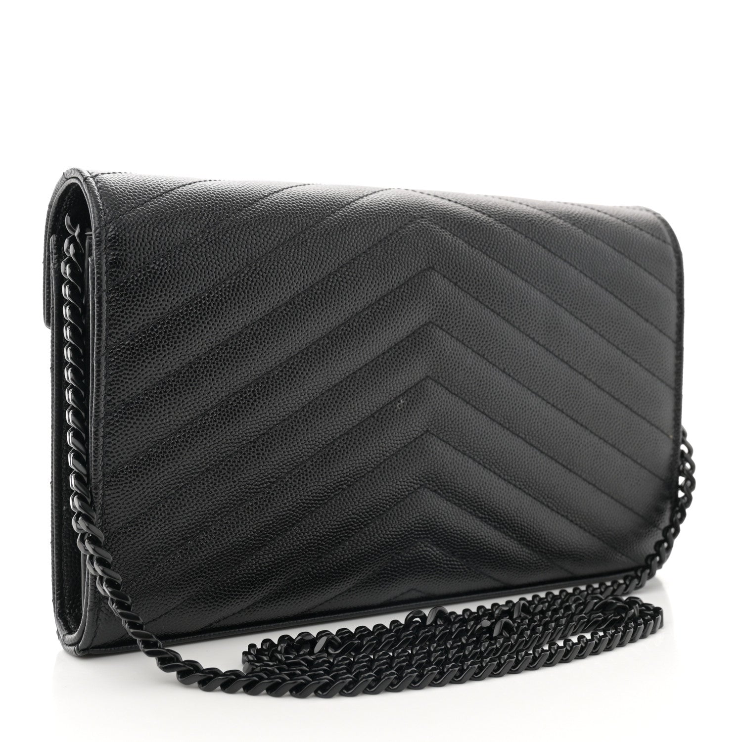 Saint Laurent Grain De Poudre Matelasse Chevron Monogram Monochrome Chain Wallet Black 3 of 11