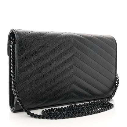 Saint Laurent Grain De Poudre Matelasse Chevron Monogram Monochrome Chain Wallet Black 3 of 11
