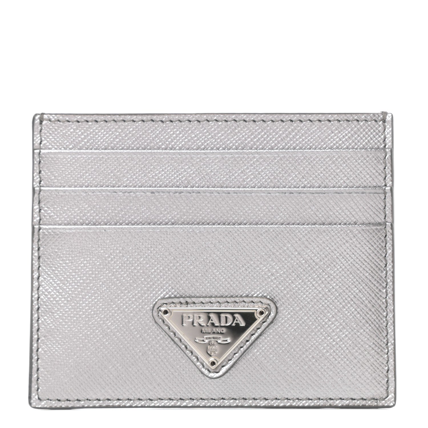 Prada Metallic Saffiano Triangle Card Holder Cromo 1 of 6