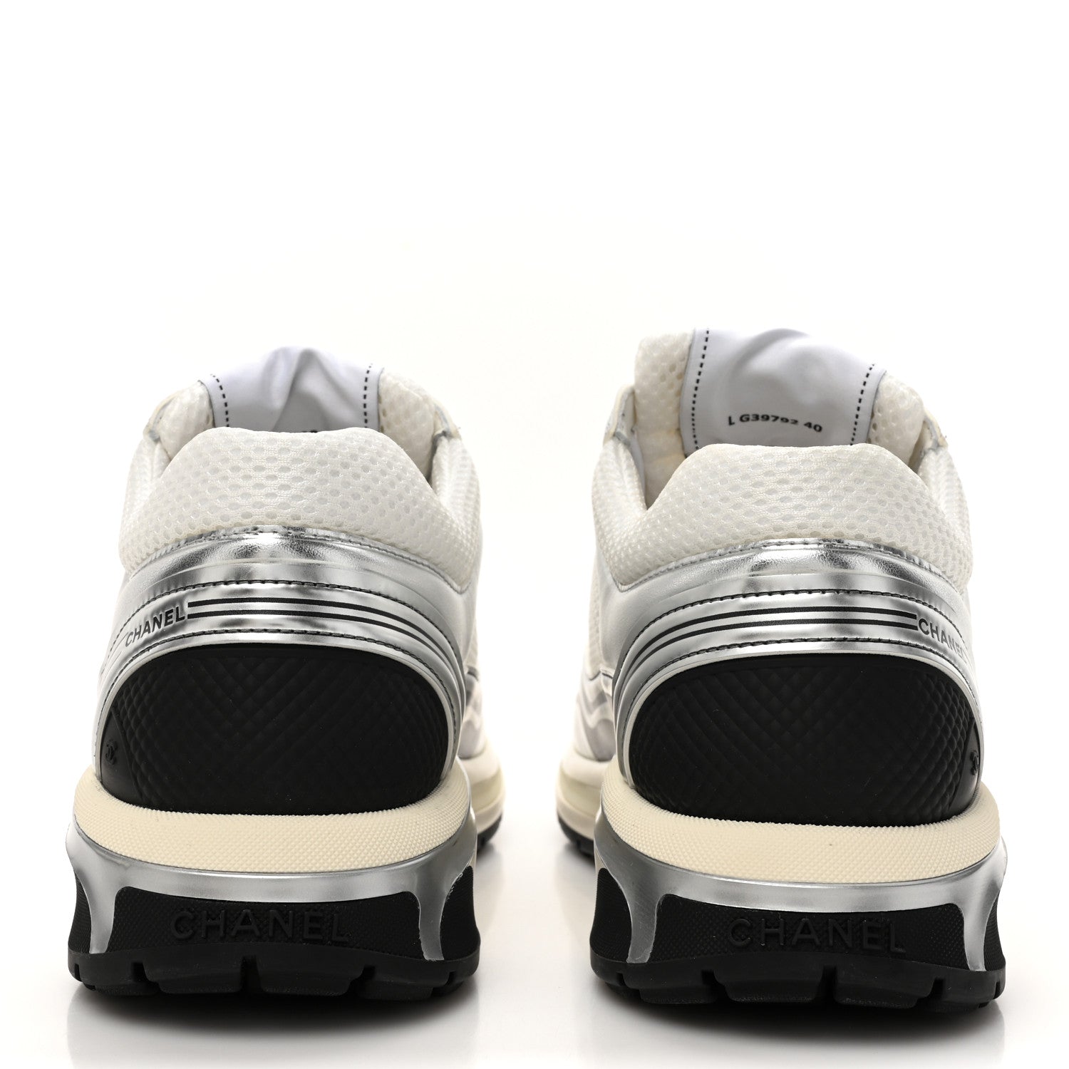 Chanel Fabric Laminated Calfskin Stretch CC Womens Sneakers 40 White Silver 5 of 10