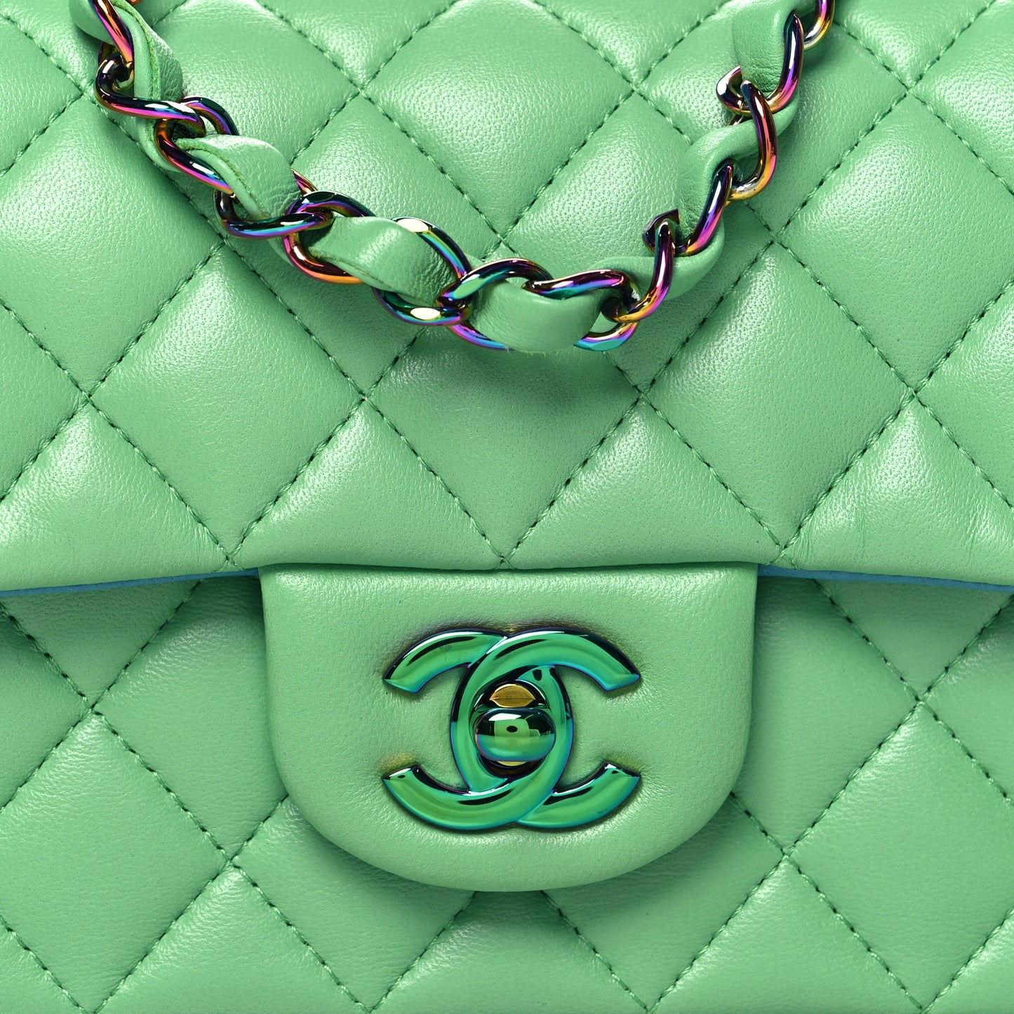 Lambskin Quilted Mini Rectangular Flap Green Blue