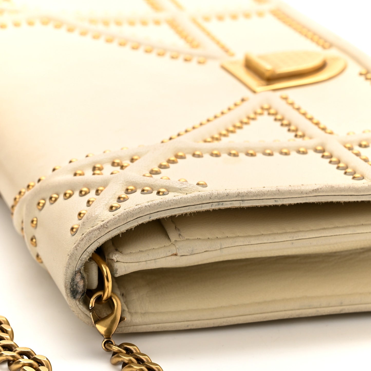 Lambskin Studded Diorama Wallet on Chain Pouch Off White