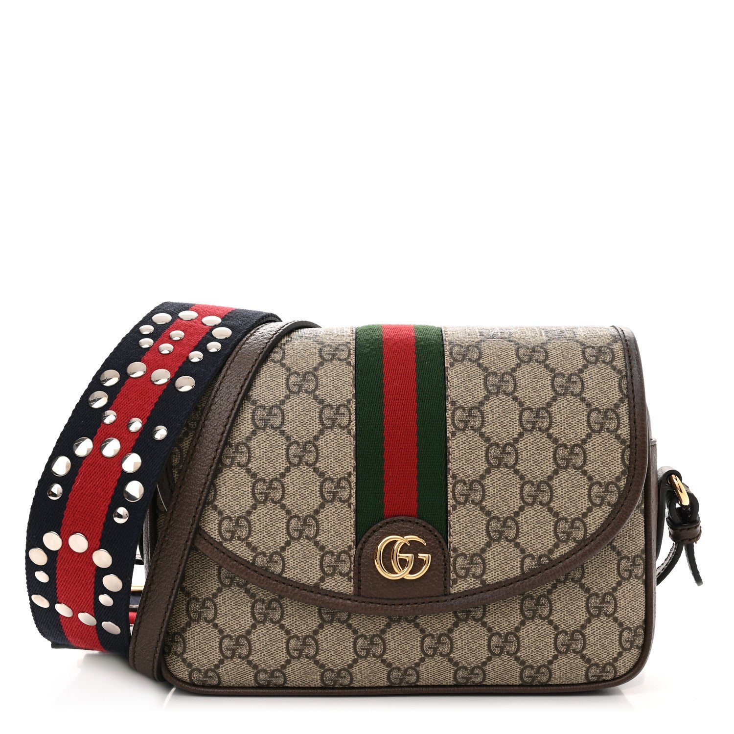 Gucci GG Supreme Monogram Textured Dollar Calfskin Web Studded Mini Ophidia Flap Shoulder Bag Beige Ebony New Acero 1 of 11
