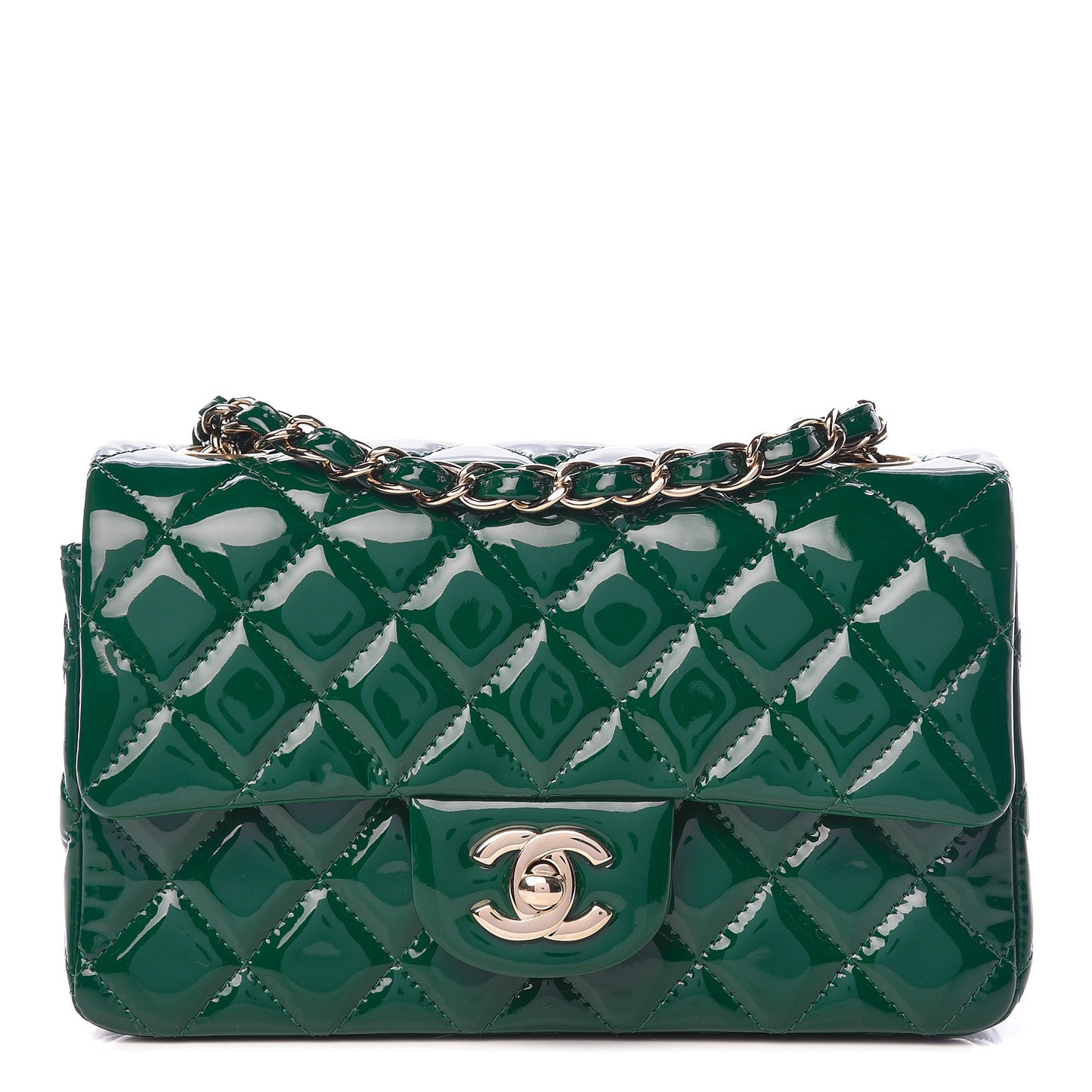Patent Calfskin Quilted Mini Rectangular Flap Dark Green