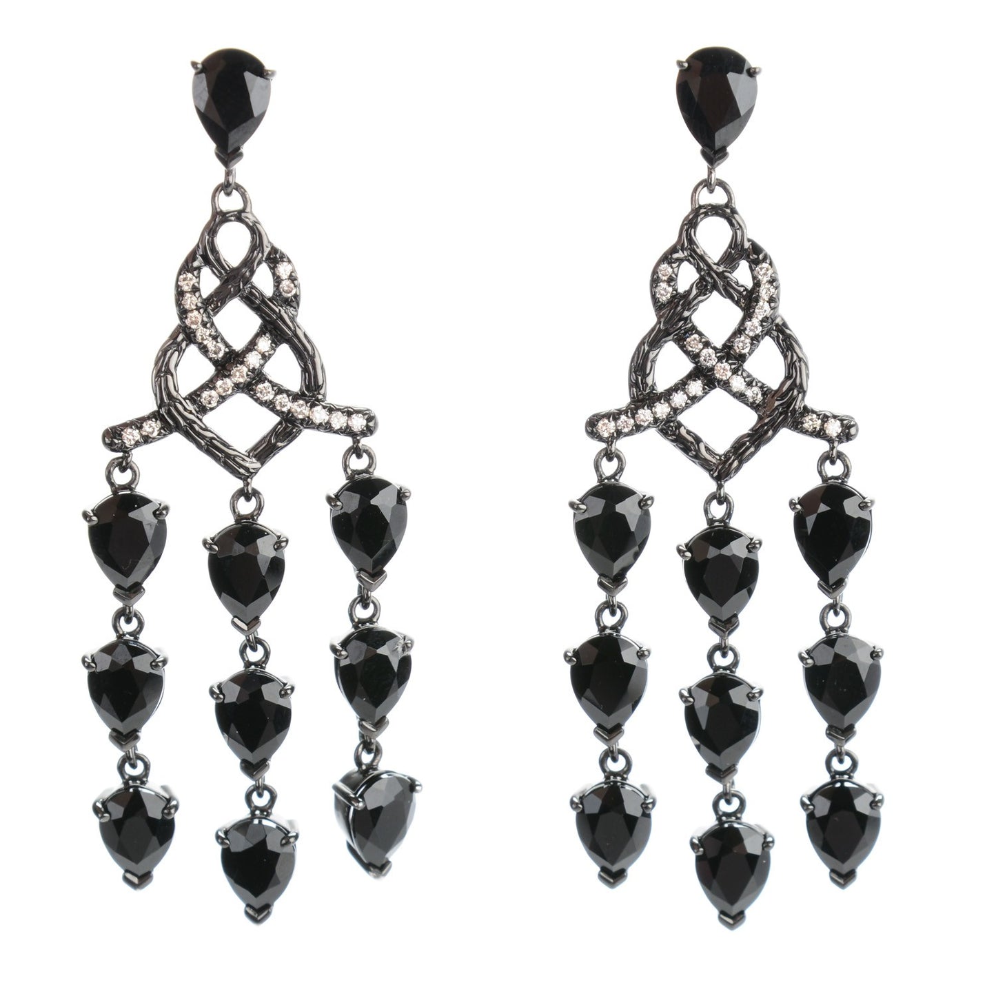 Sterling Silver Black Chalcedony Diamond Batu Classic Chain Chandelier Earrings