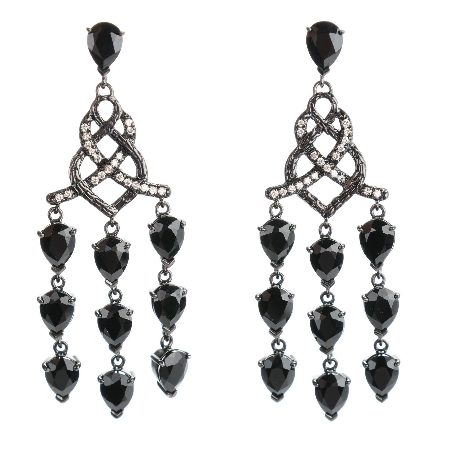 John Hardy Sterling Silver Black Chalcedony Diamond Batu Classic Chain Chandelier Earrings 1 of 5