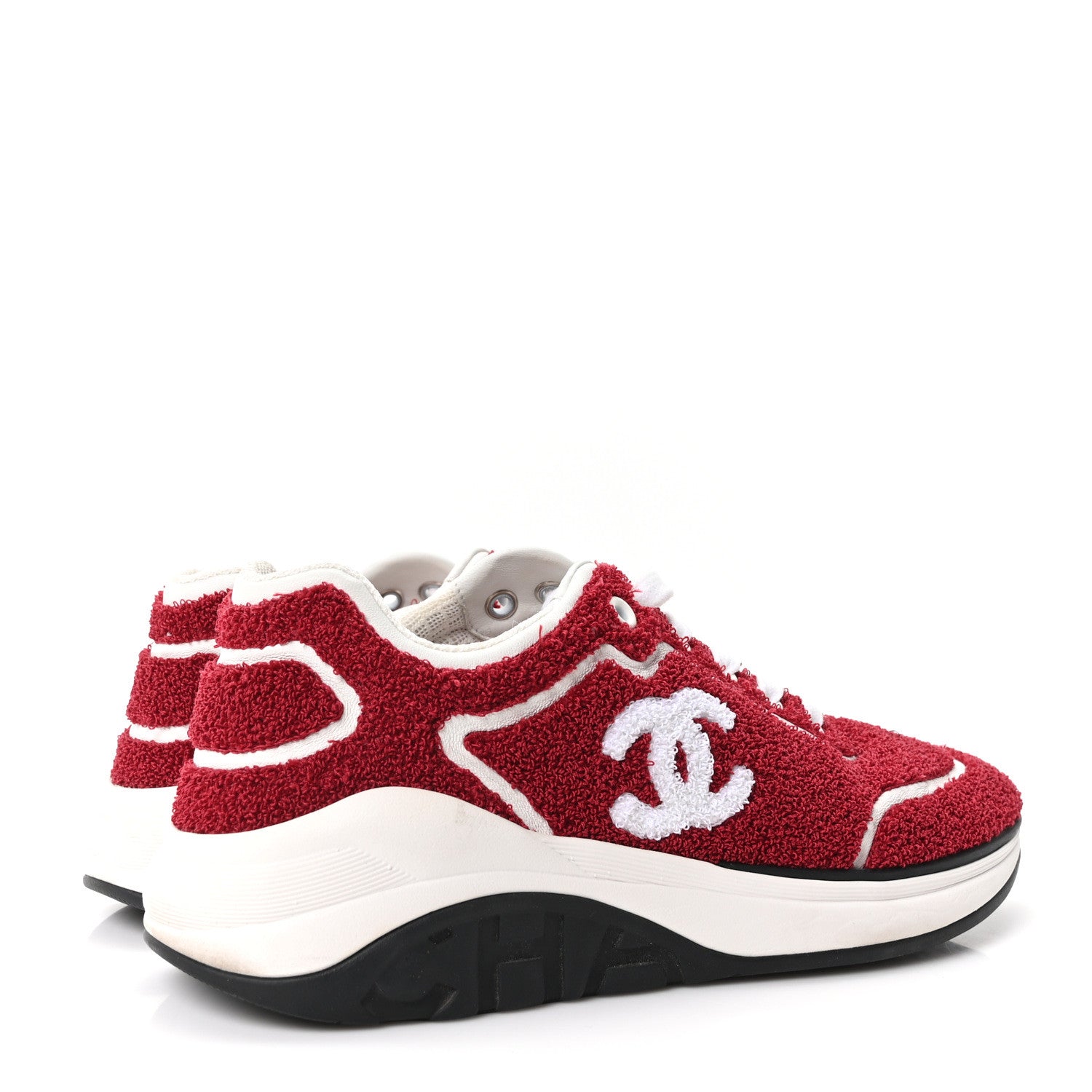Chanel Terry Cloth Calfskin Womens Logo Sneakers 38 Red White 5 of 8