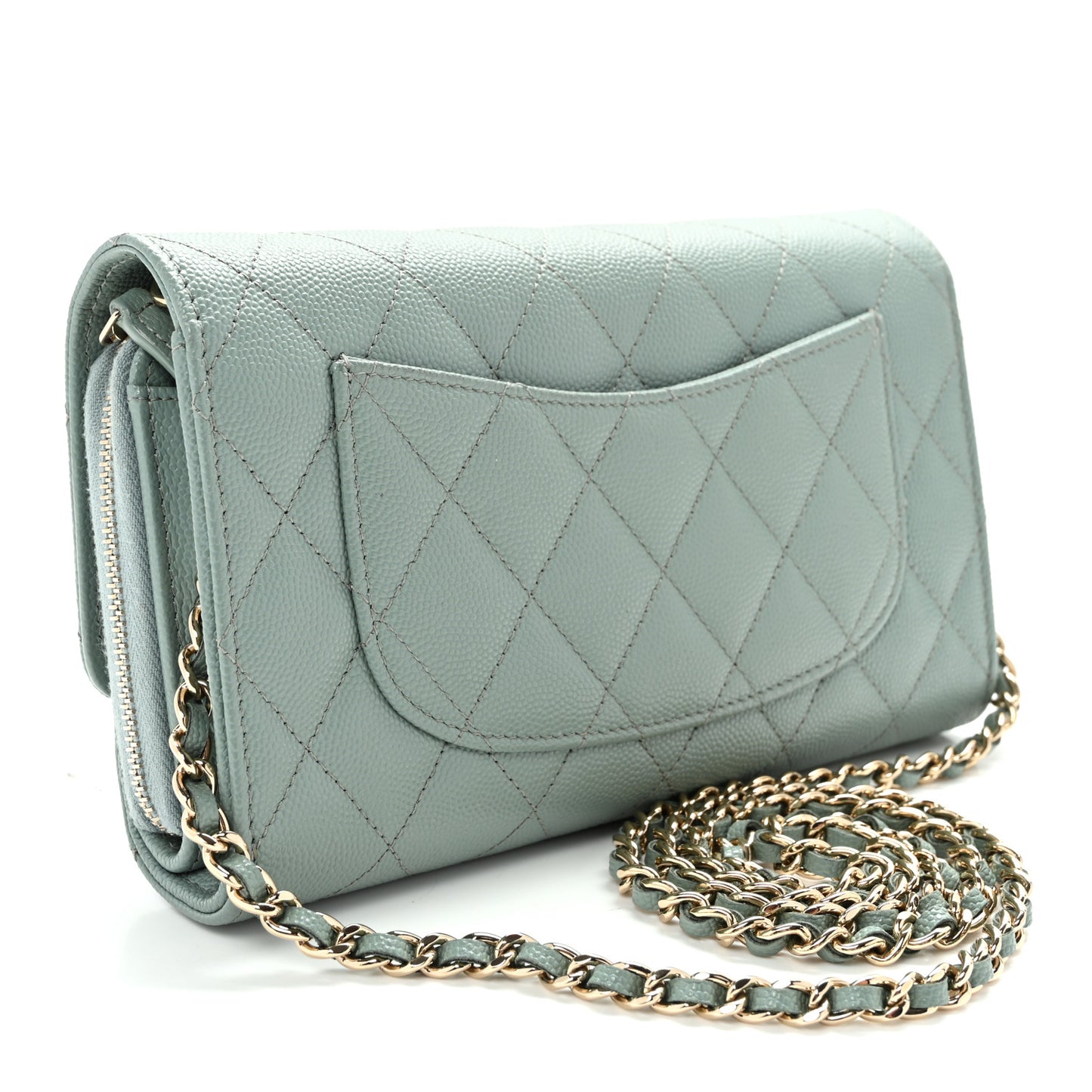 Caviar Quilted Phone Holder Wallet on Removable Chain Light Blue