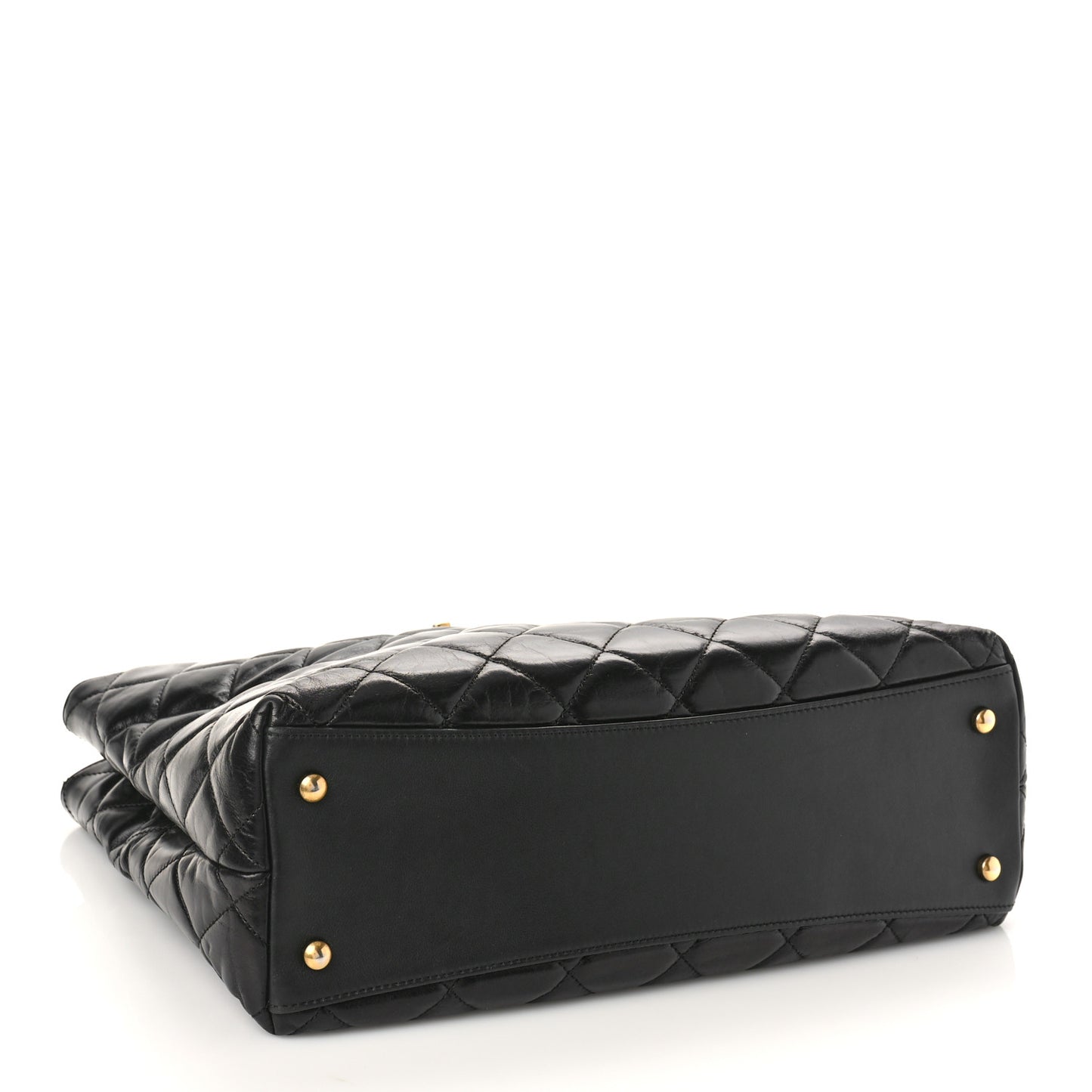 Glazed Calfskin Quilted Gold Bar Tote Black