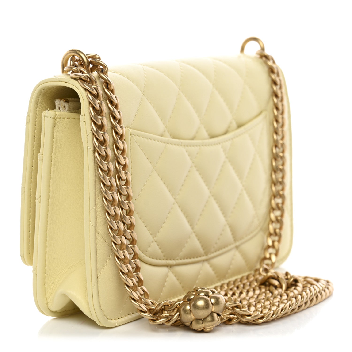 Chanel Lambskin Quilted CC Camellia Crush Wallet on Chain WOC Light Yellow 3 of 12