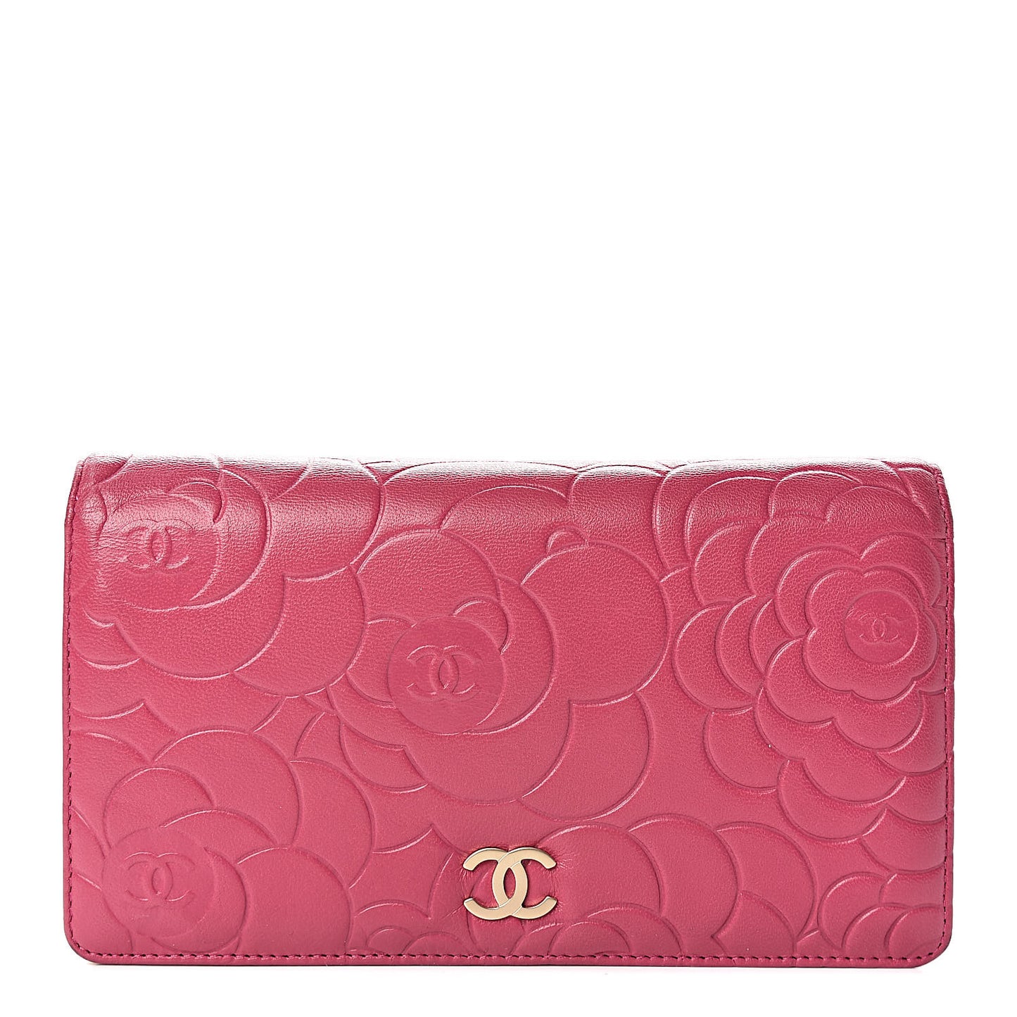Lambskin Camellia Embossed Yen Wallet Fuchsia