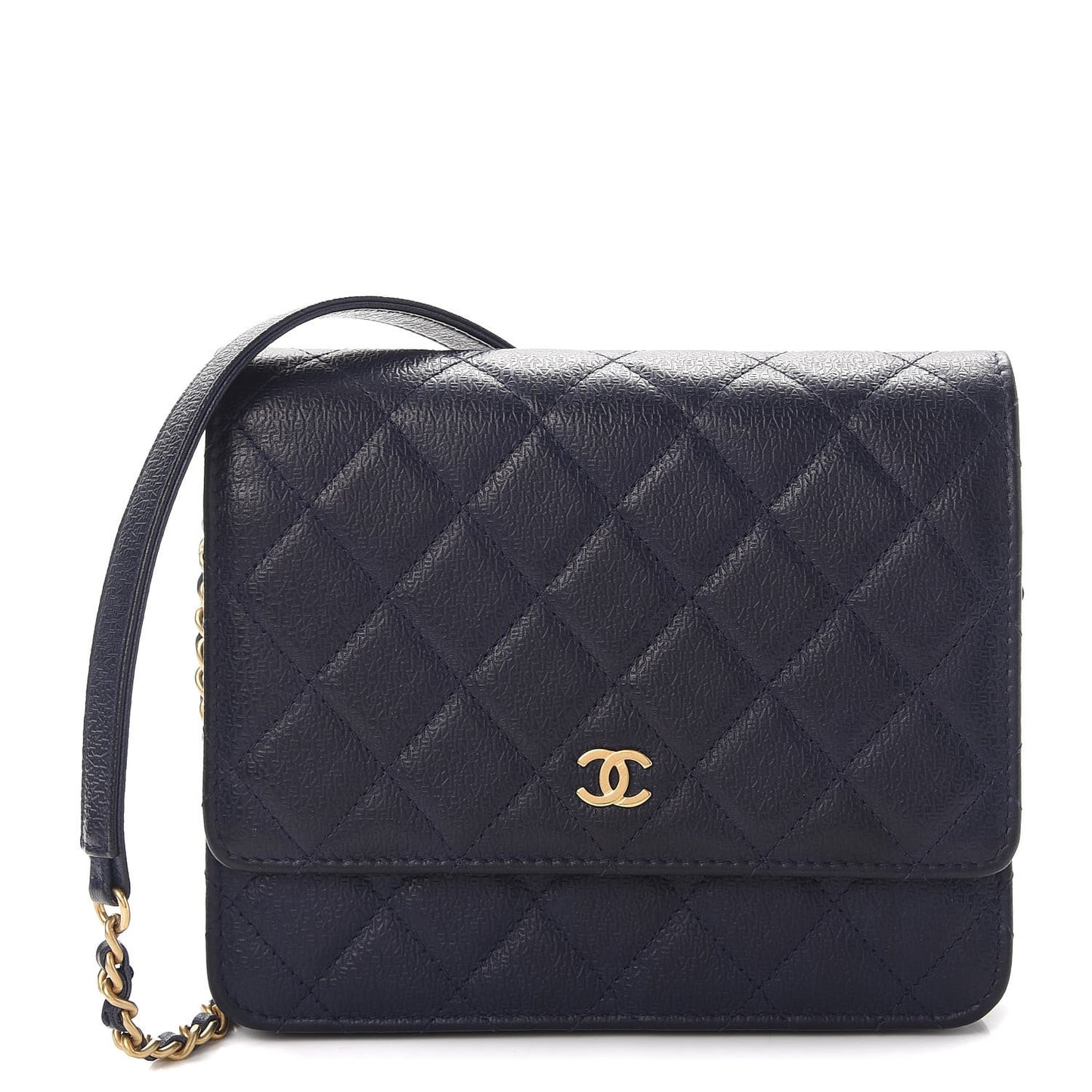 Letter Calfskin Embossed Quilted Square Wallet On Chain WOC Navy