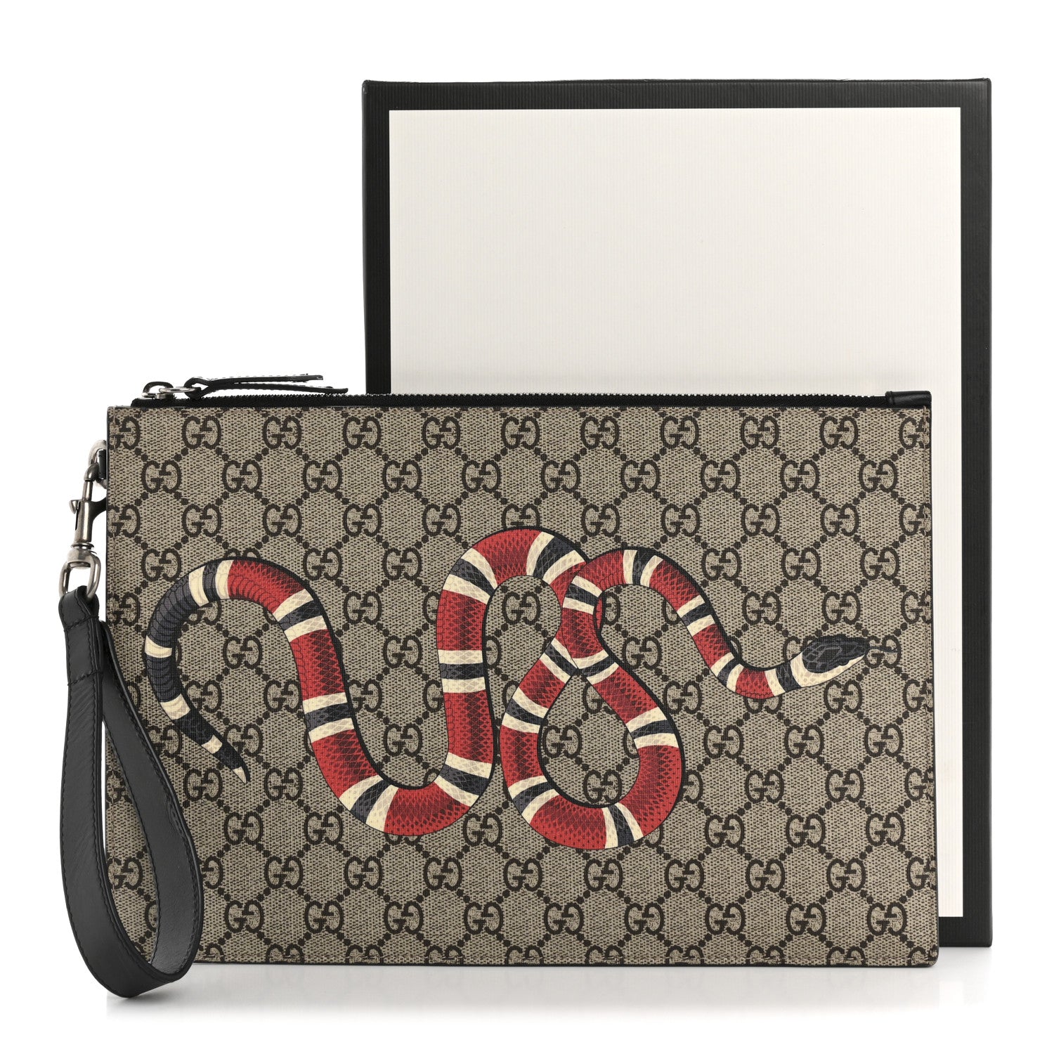 Gucci GG Supreme Monogram Kingsnake Zip Wristlet Pouch Beige Black 11 of 11