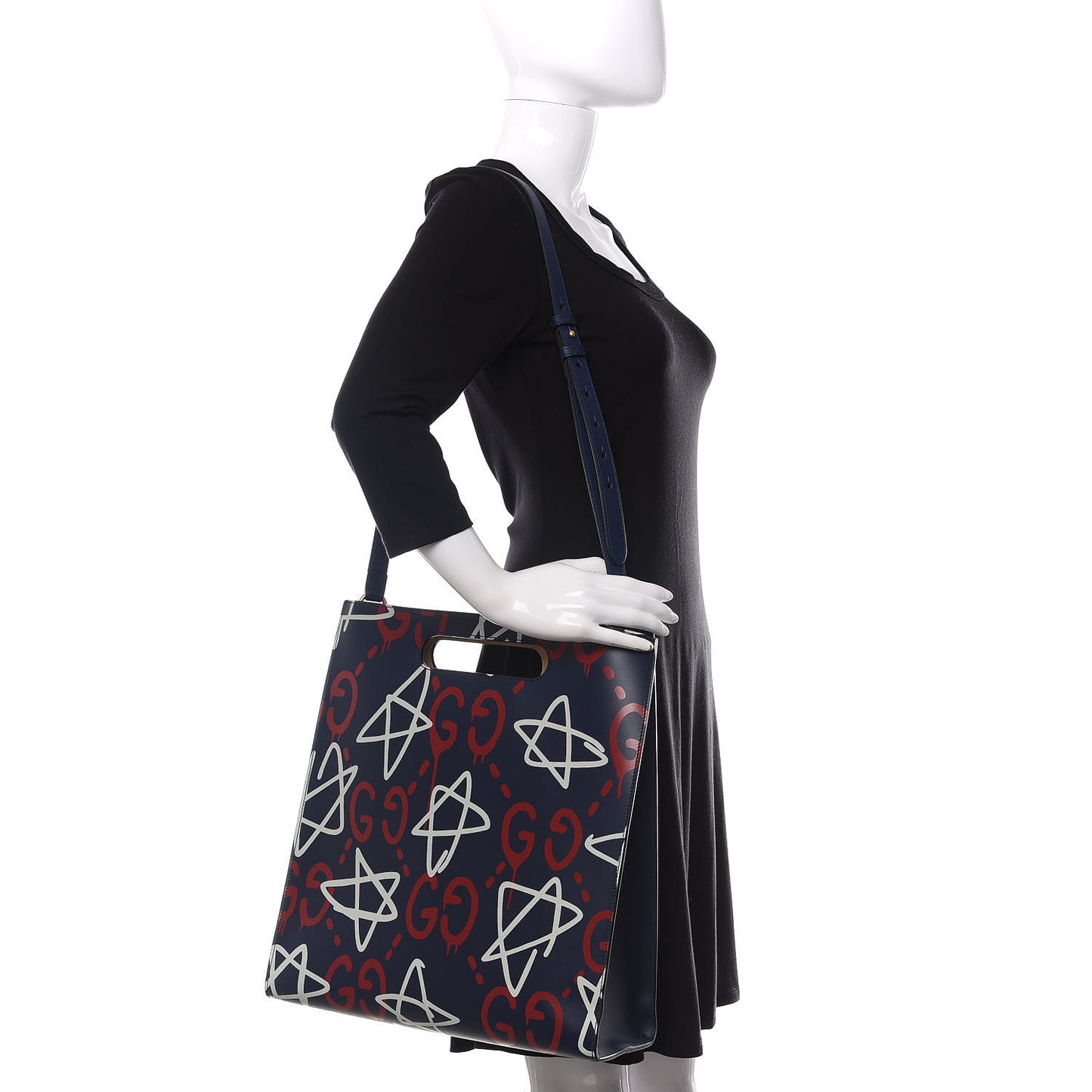 Calfskin GucciGhost Medium XL Tote Blue Agata Hibiscus Red