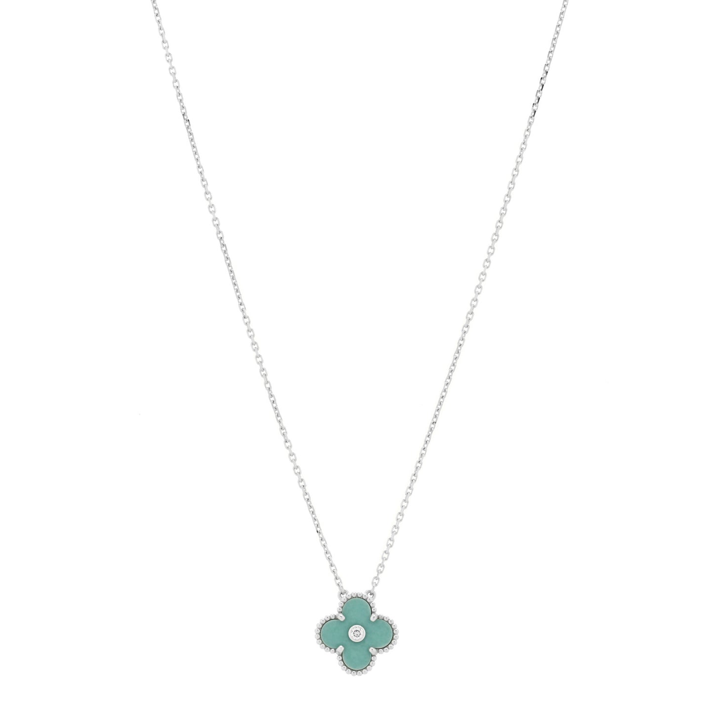 18K White Gold Diamond Celadon Green Sevres Porcelain Vintage Alhambra Pendant Necklace