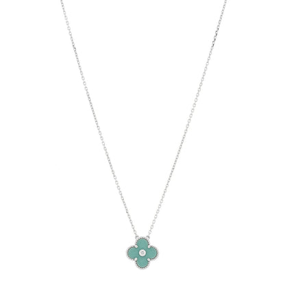 Van Cleef & Arpels 18K White Gold Diamond Celadon Green Sevres Porcelain Vintage Alhambra Pendant Necklace 1 of 3