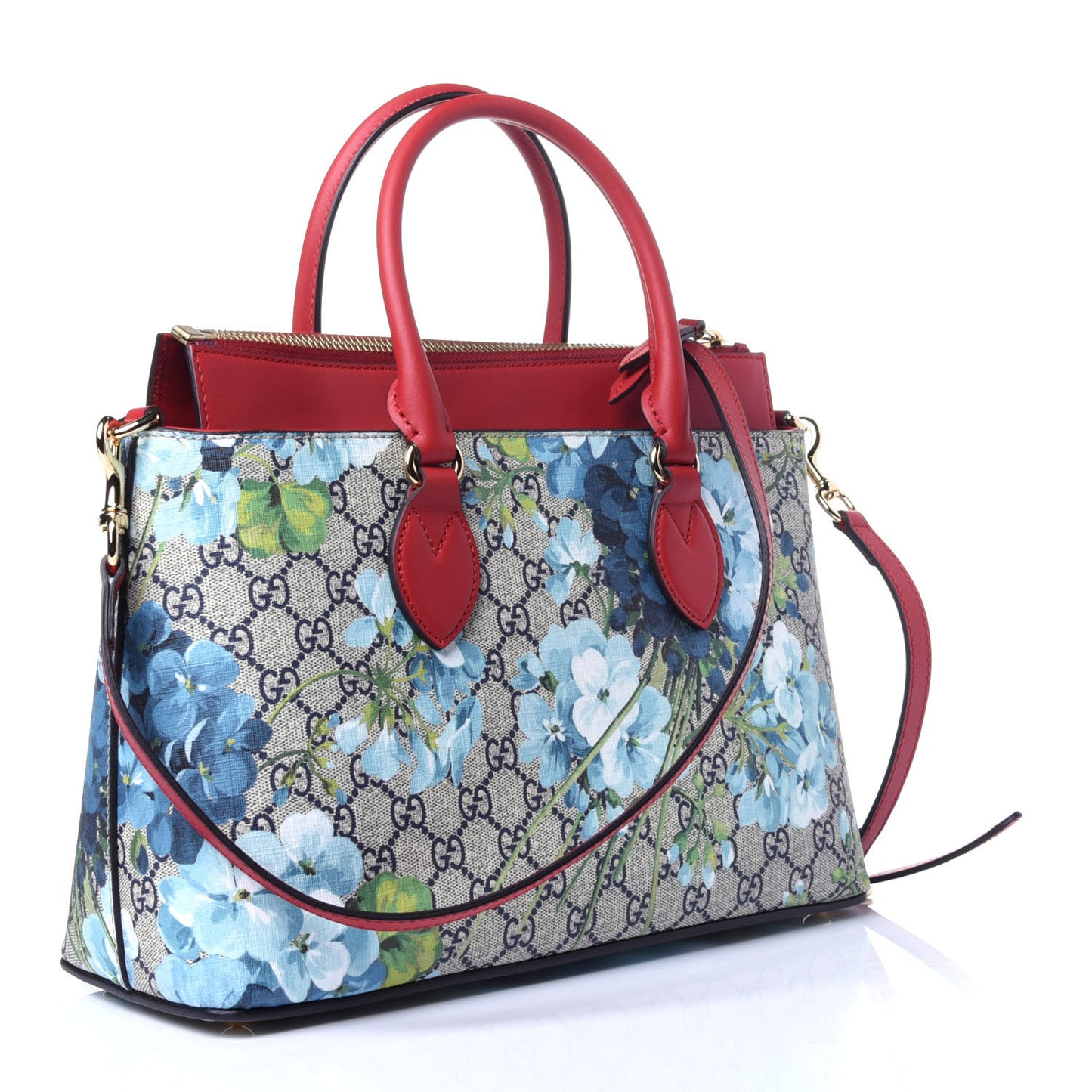 GG Supreme Monogram Blooms Medium Zip Top Tote Beige Blue Navy Hibiscus Red
