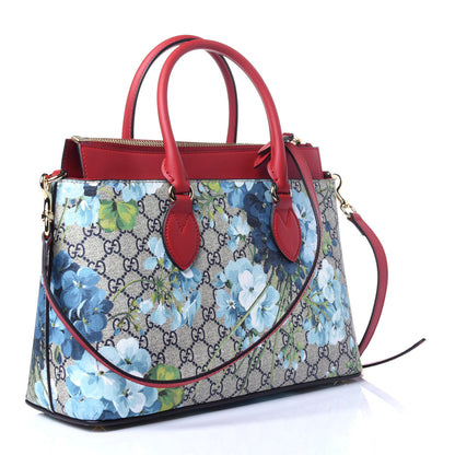 Gucci GG Supreme Monogram Blooms Medium Zip Top Tote Beige Blue Navy Hibiscus Red 4 of 11