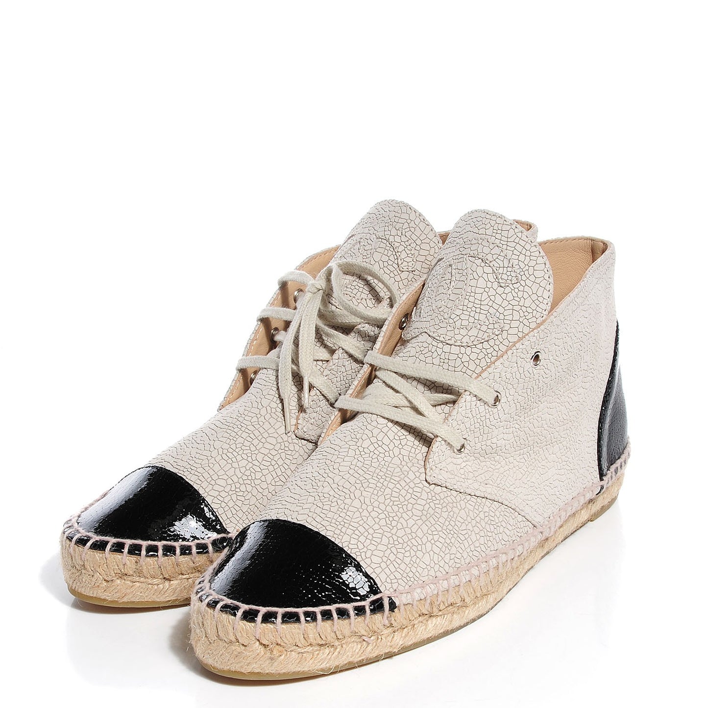 Crackled Calfskin High Top Espadrilles 41 Beige Black