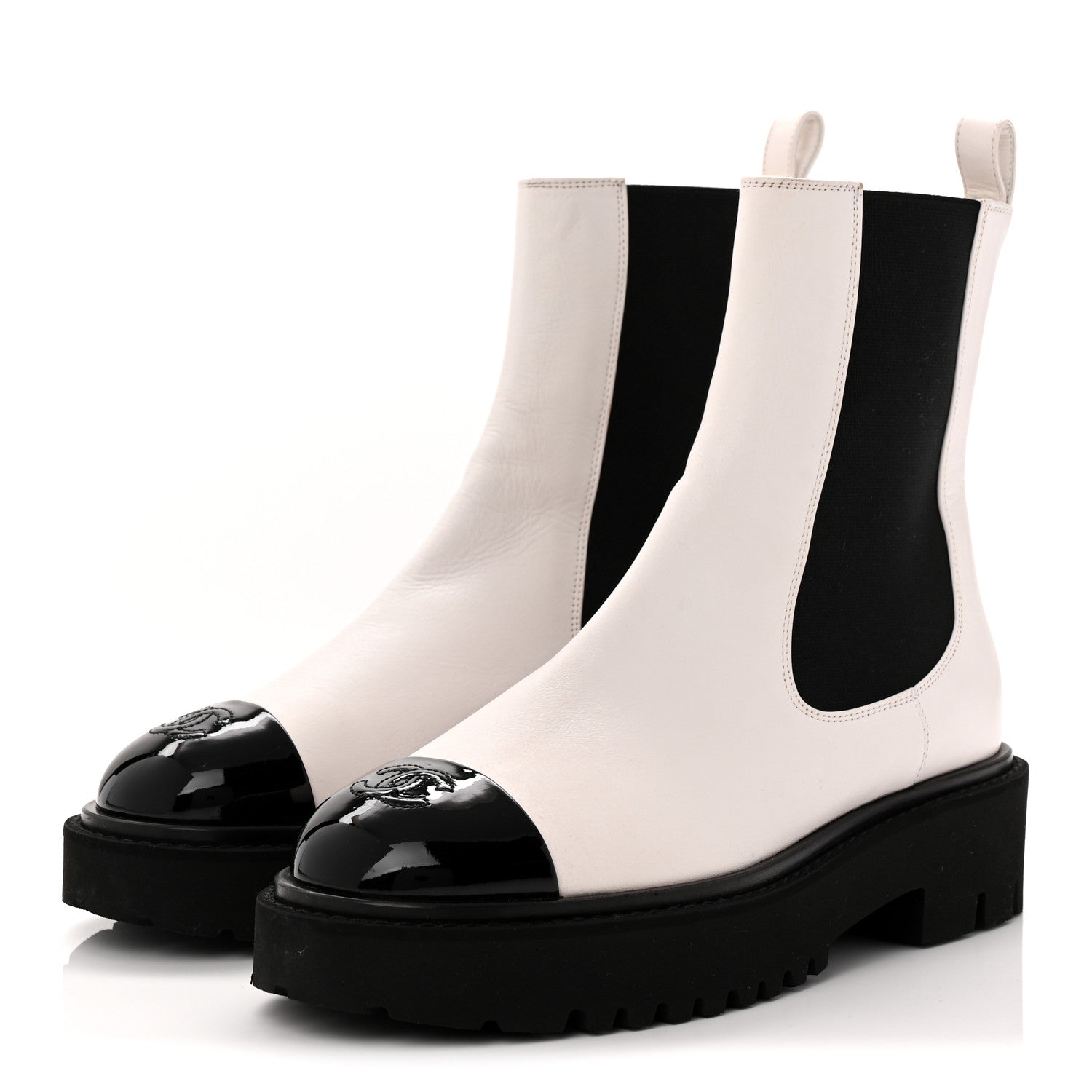 Chanel Patent Calfskin Cap Toe CC Ankle Boots 37.5 White Black
