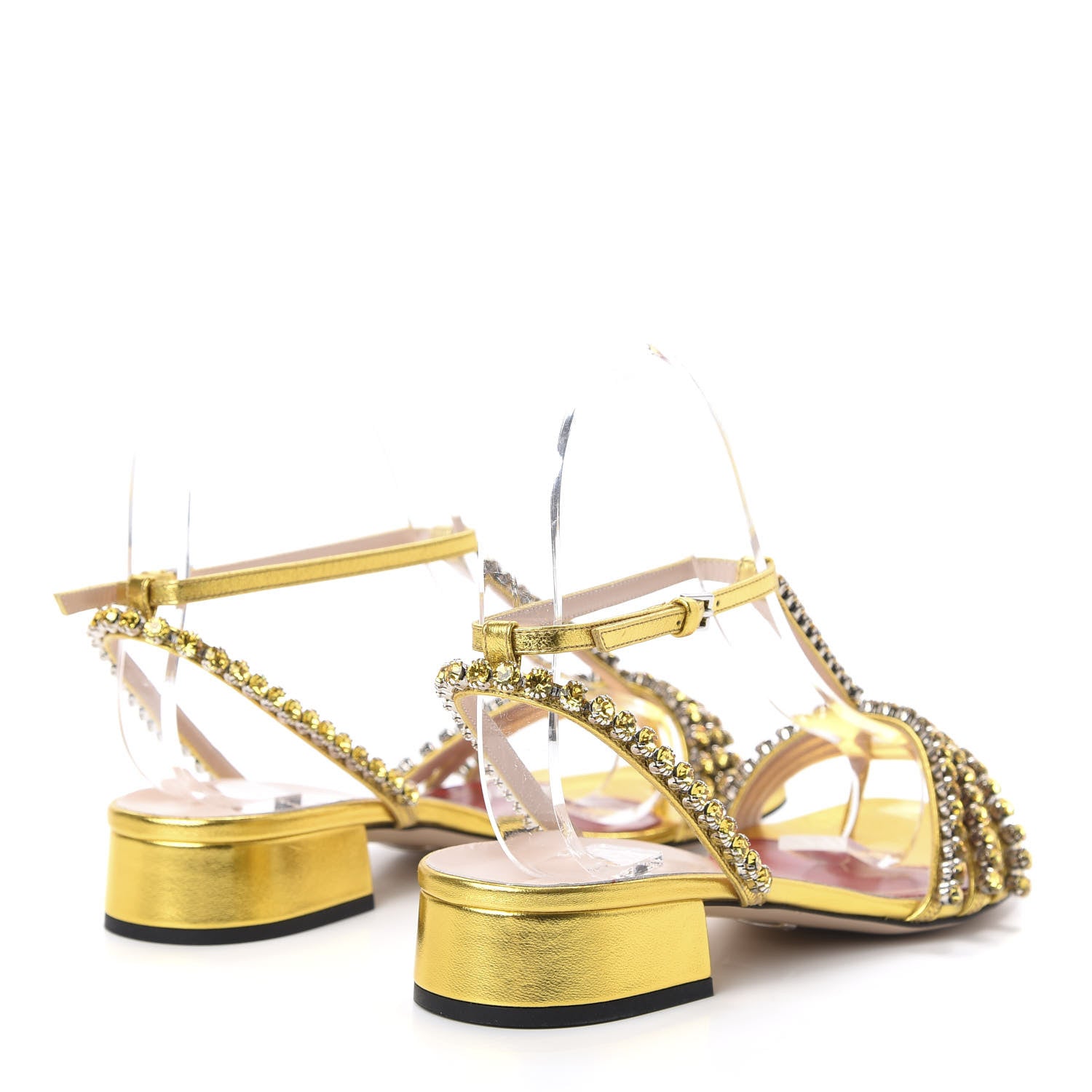 Gucci Nappa Silk Crystal Bertie T-Strap Low Heel Sandals 36.5 Gold 4 of 9