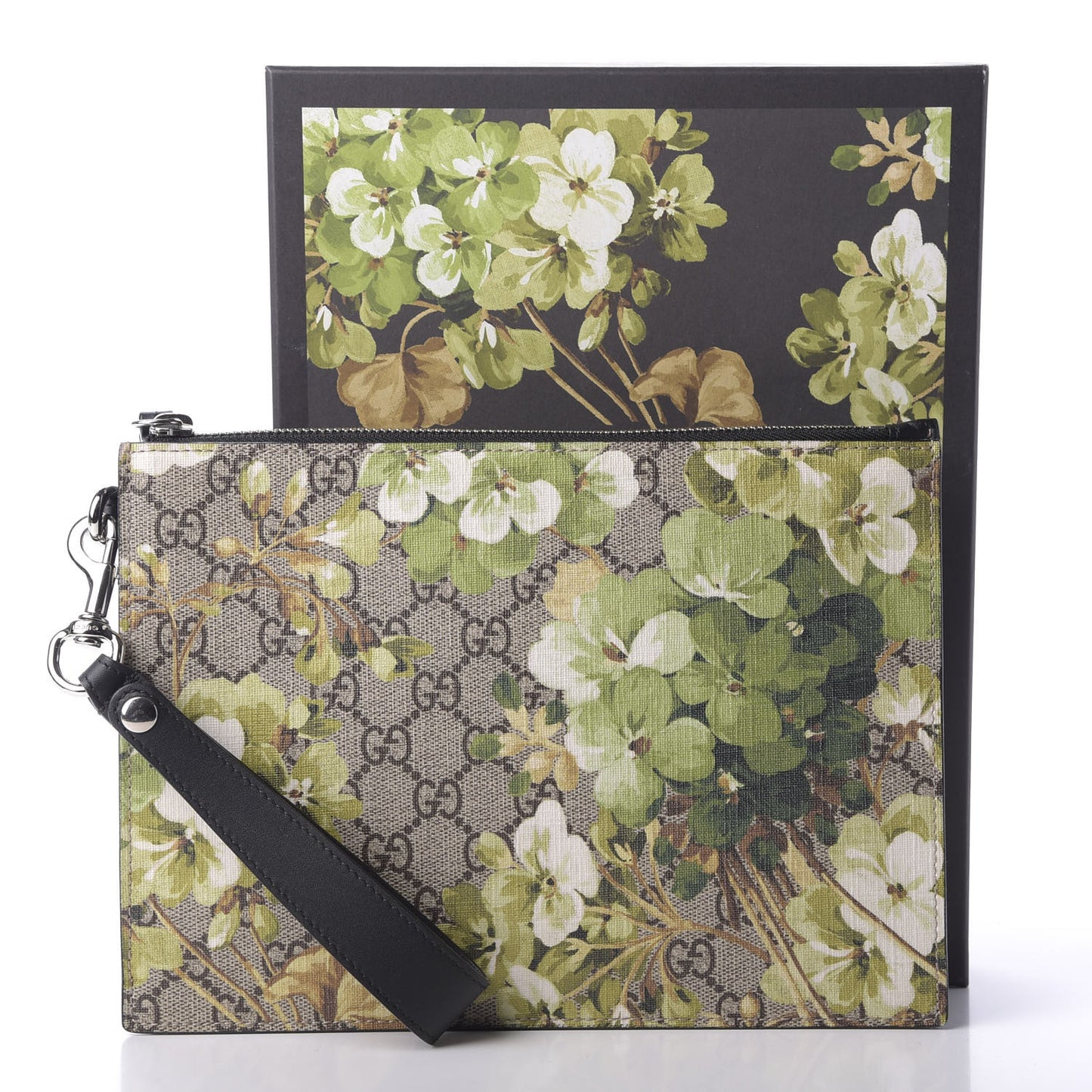 GG Supreme Monogram Blooms Small Zip Wristlet Pouch Beige New Military Black