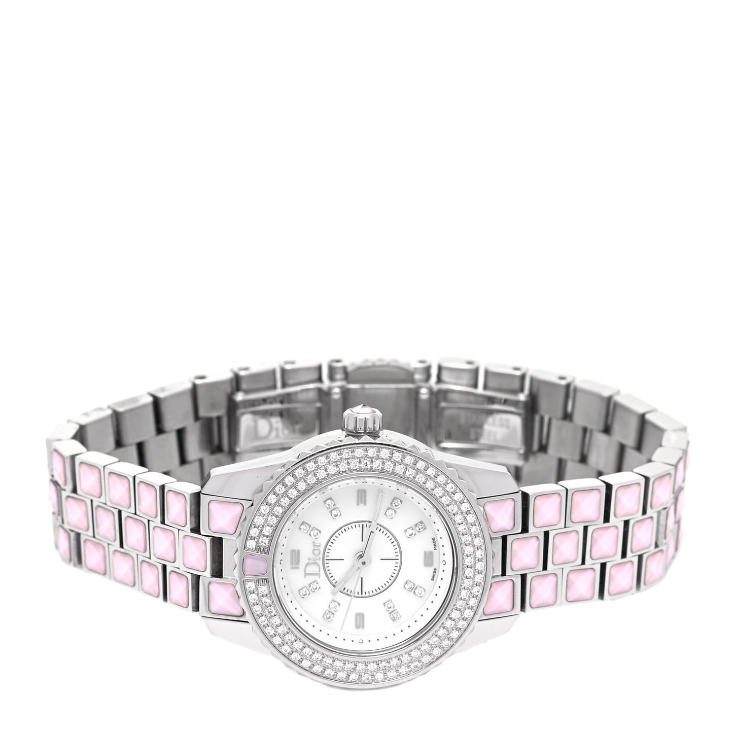 Stainless Steel Diamond Pave Bezel Sapphire 29mm Christal Quartz Watch Pink