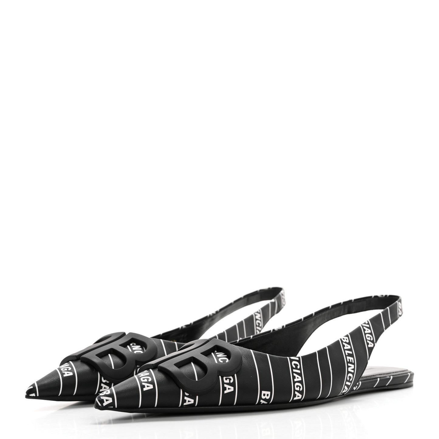 Calfskin Diagonal Allover Logo Print BB Knife Pointy Toe Slingback Flats 35.5 Black White