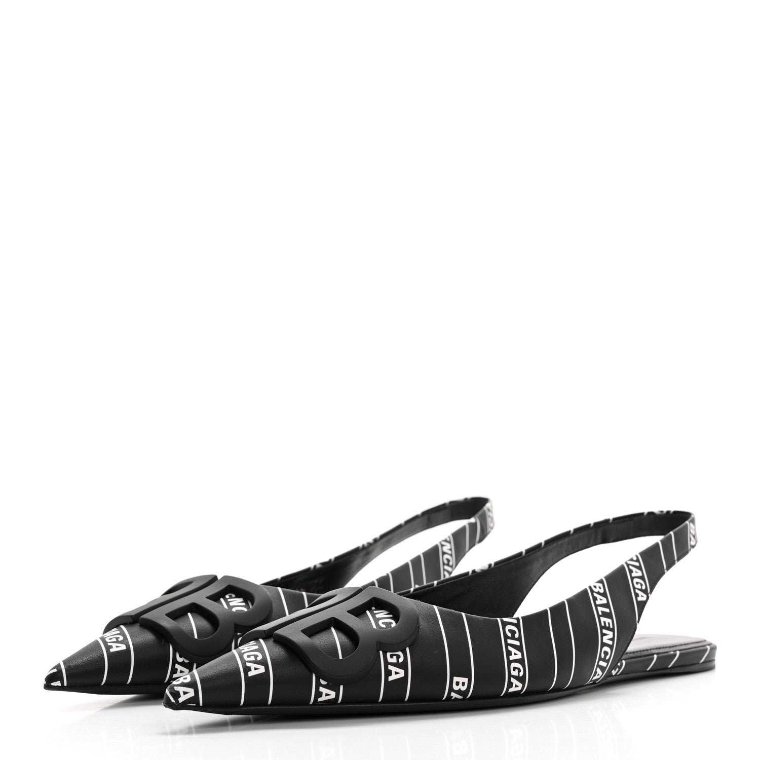 Balenciaga Calfskin Diagonal Allover Logo Print BB Knife Pointy Toe Slingback Flats 35.5 Black White 3 of 9
