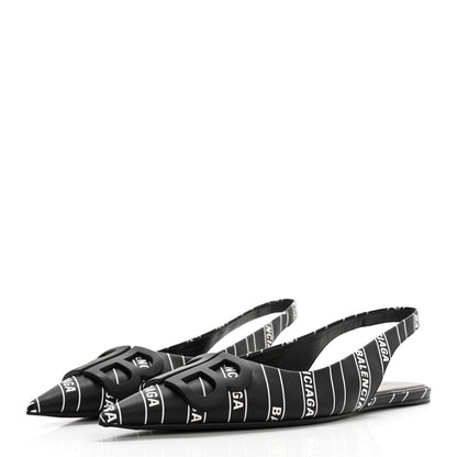 Balenciaga Calfskin Diagonal Allover Logo Print BB Knife Pointy Toe Slingback Flats 35.5 Black White 3 of 9