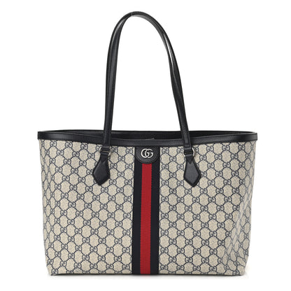 Gucci GG Supreme Monogram Textured Calfskin Web Medium Ophidia Shopping Tote Beige Blue 1 of 10