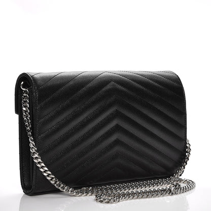Saint Laurent Grain De Poudre Matelasse Chevron Monogram Chain Wallet Black 3 of 6