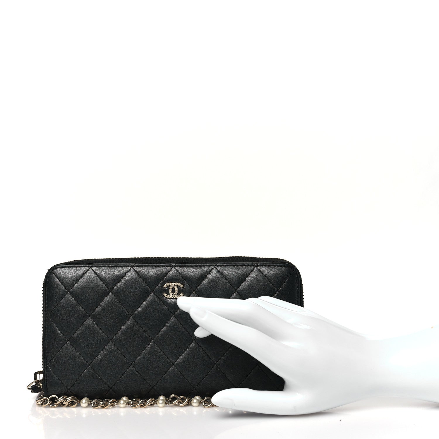 Chanel Lambskin Zip Around Large Gusset Wallet With Pearl Chain Black 2 of 10