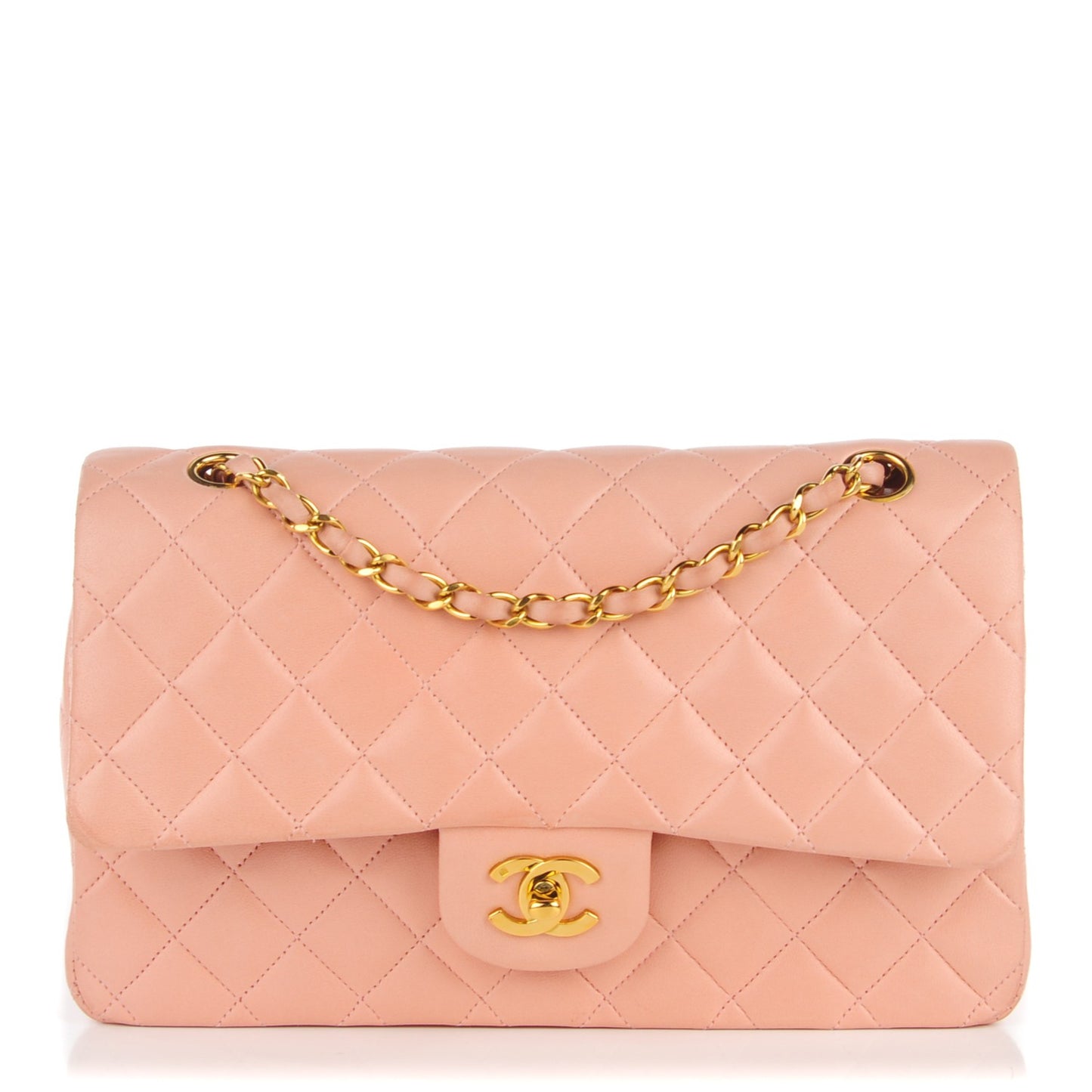 Lambskin Quilted Medium Double Flap Light Pink