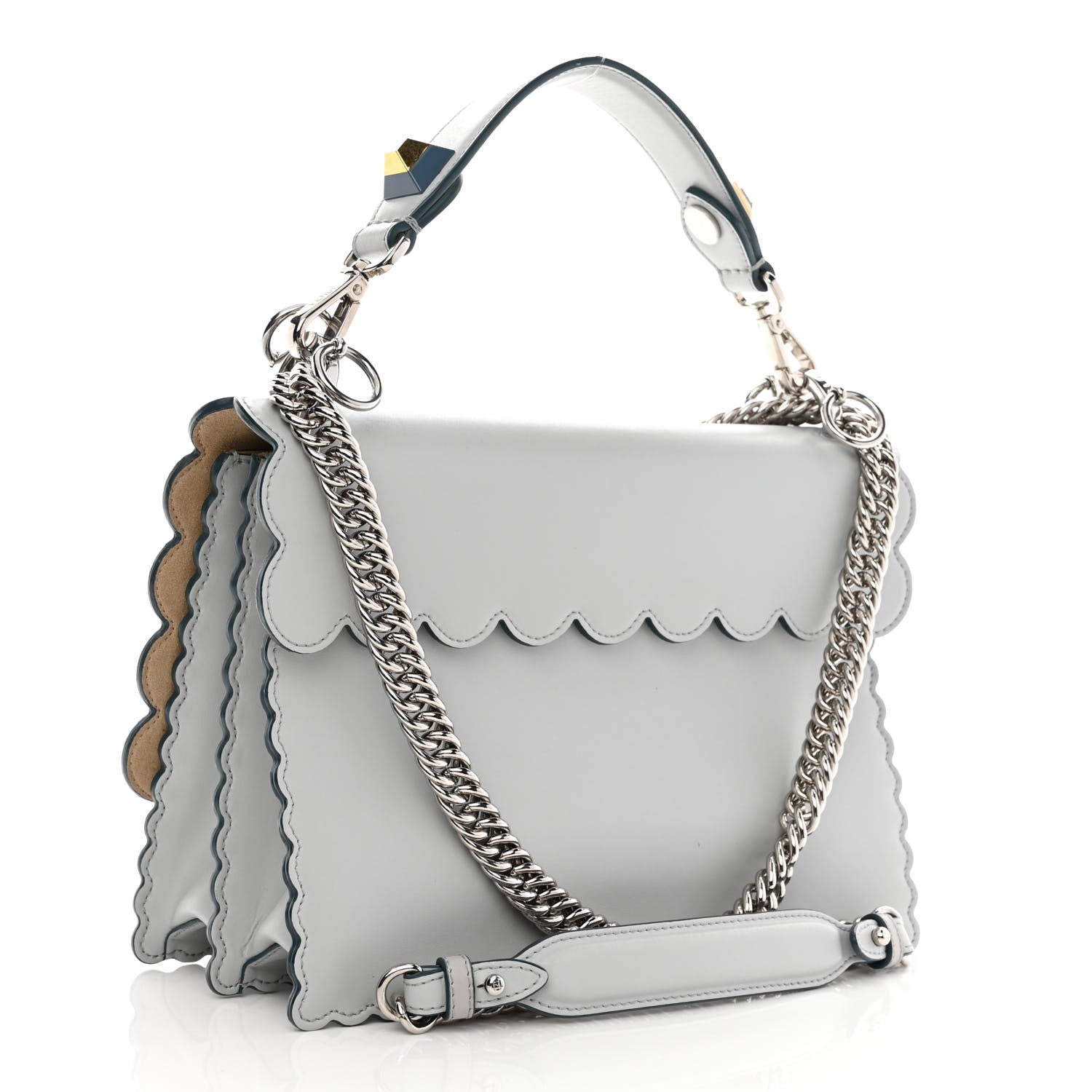 Fendi Vitello Liberty Scalloped Studded Kan I Shoulder Bag Grigio Perla 3 of 13
