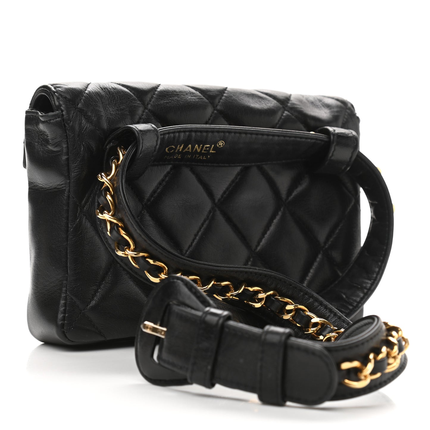Lambskin Quilted Flap Waist Belt Bag Black