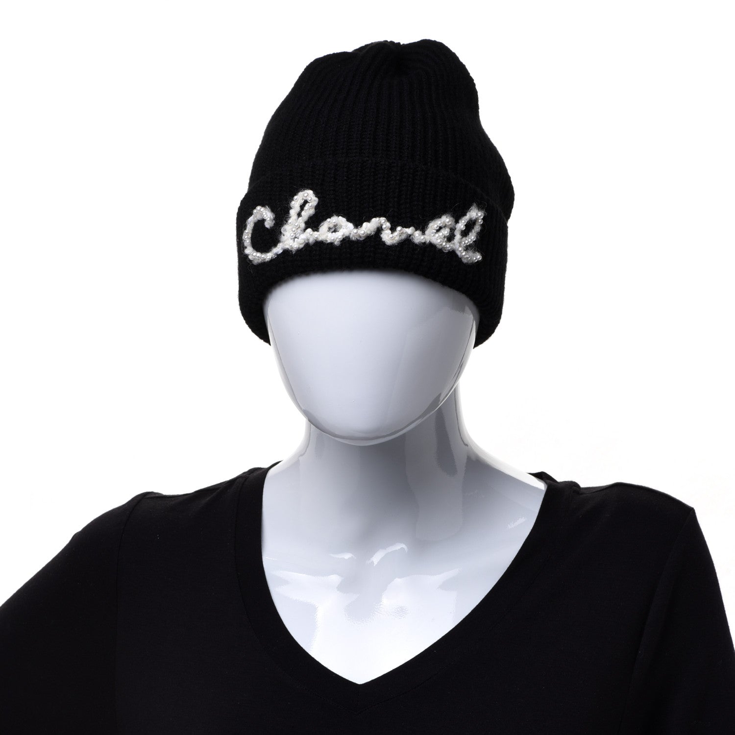 Chanel Cashmere Logo Beanie Hat Black White 2 of 9