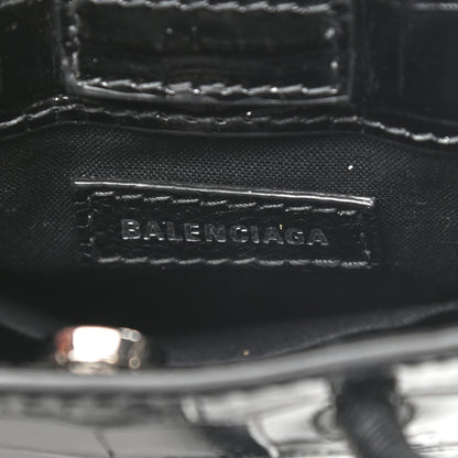 Balenciaga Calfskin Crocodile Embossed Logo Shopping Phone Holder Bag Black 6 of 9