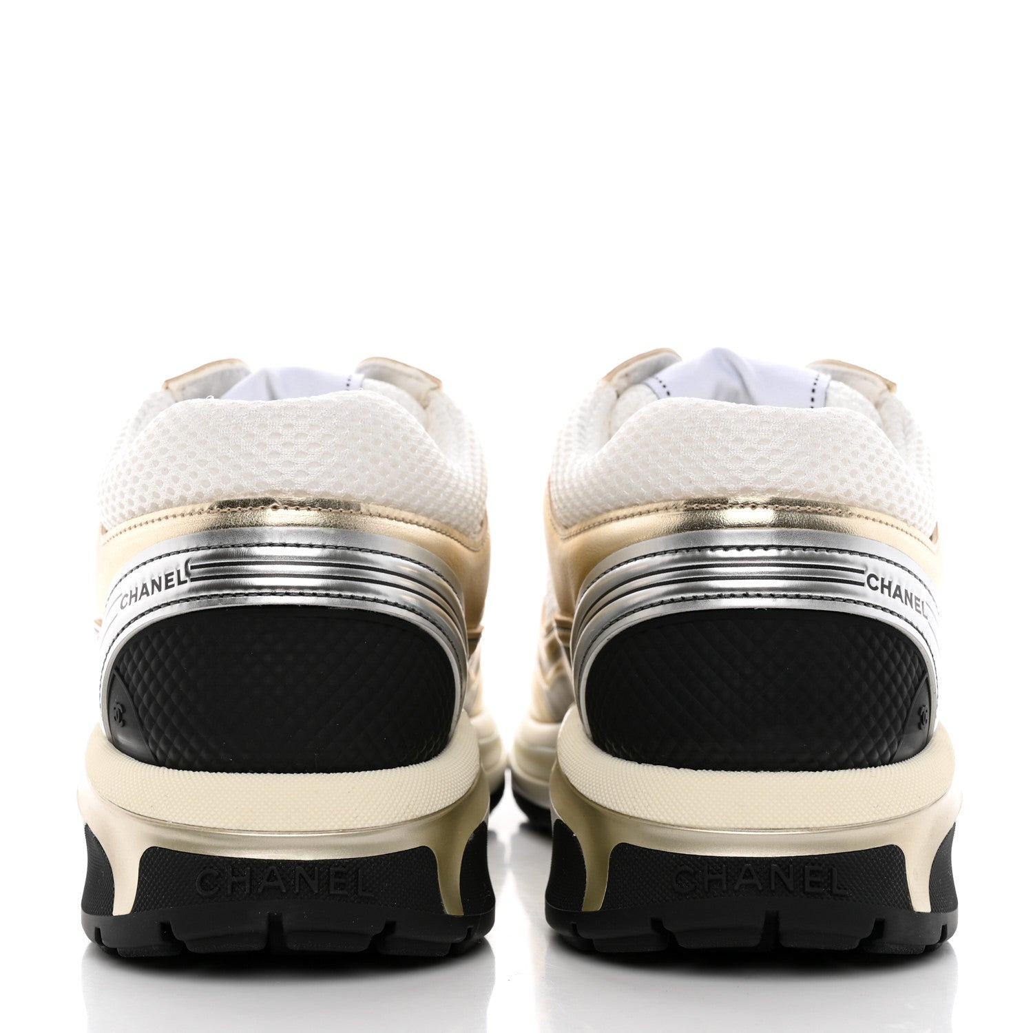 Chanel Fabric Laminated Calfskin Stretch CC Womens Sneakers 39 White Gold Silver 5 of 11